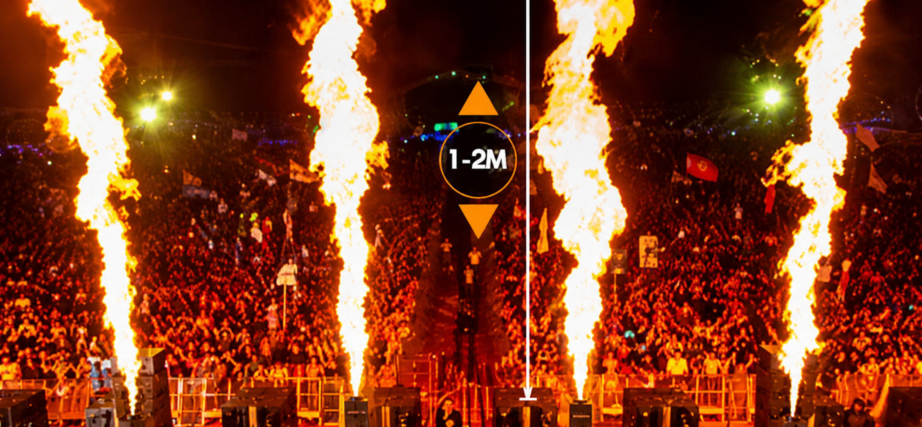 Pulse 2M utilisée pour des effets de flamme verticaux lors d’un concert