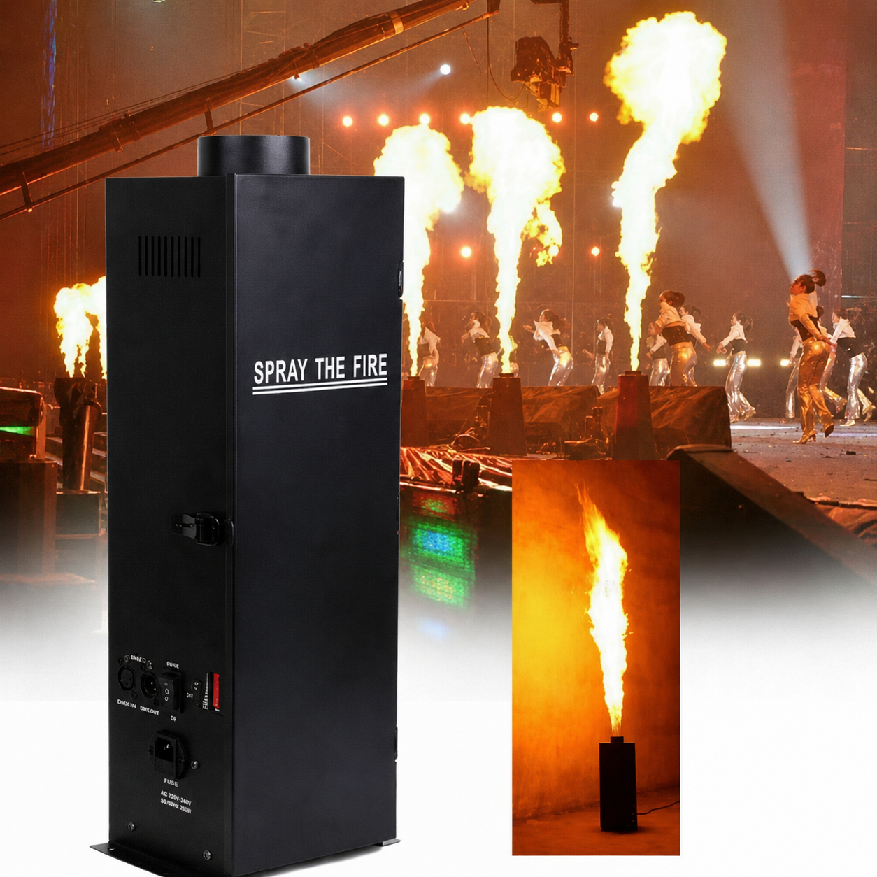 Pulse 2M machine à flamme verticale DMX présentée devant une scène