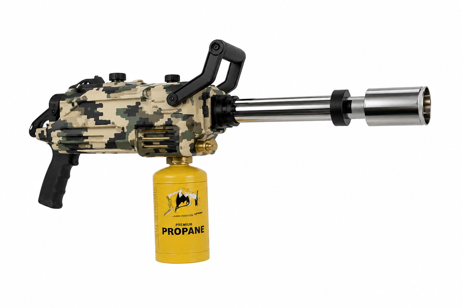 Rotor, torche propane multi-tube à finition camouflage, vue de profil sur fond blanc