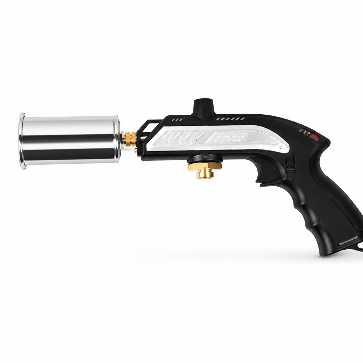 Volt Mini, chalumeau torche portable longue flamme compact noir et métal, vue de profil sur fond blanc
